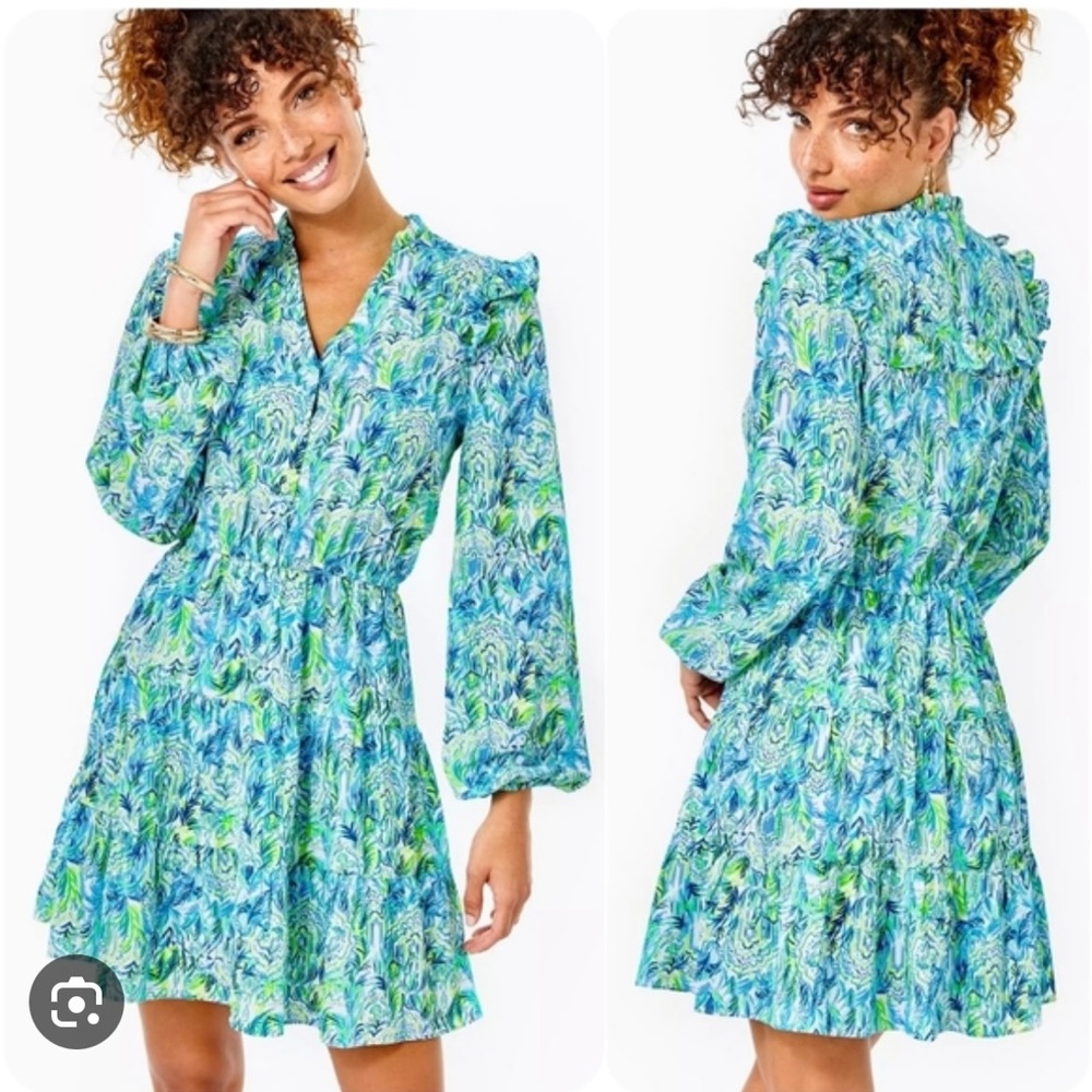 Lilly Pulitzer Teal Blue Green Floral Long Sleeve Dress